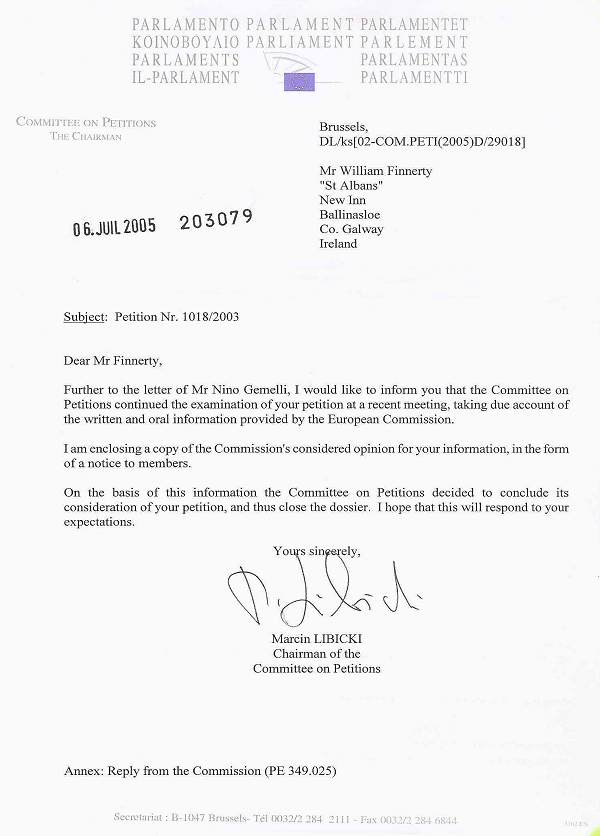 Letter dated July 6th 2005 from Marcin Libicki (European Parliament Chairman of Committee on Petitions)